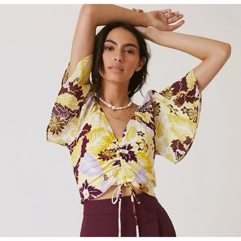 Anthropologie Maeve Cinched Yellow Floralβ Flutter Sleeve Tie Top XS Blouse